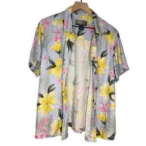 Havana Jacks Cafe‎ Tropical Floral Button Up Shirt Women's XL Blue Yellow Pink